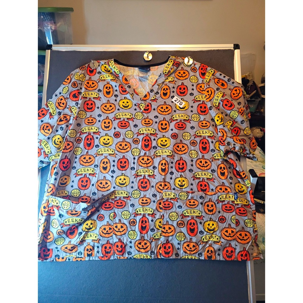 Tafford Halloween Pumpkin Print Medical Scrub Top Unisex Size 4X Cotton Blend